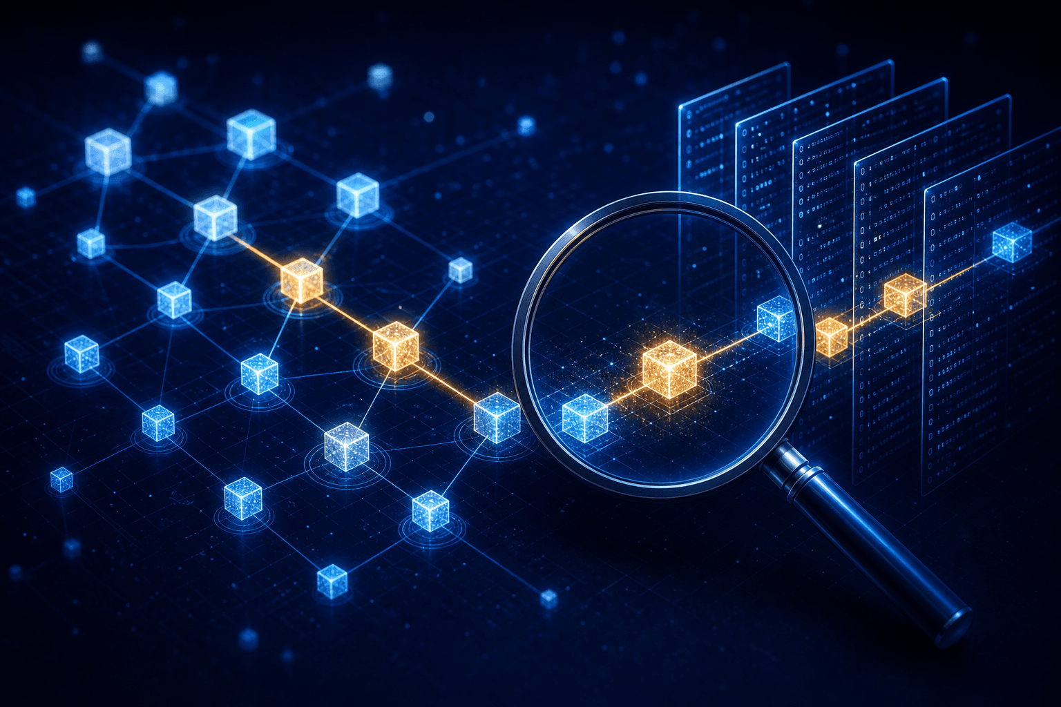 Blockchain transactions being reviewed with a magnifying glass